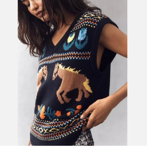 Anthropologie Horse Icon Sweater Vest Equestrian Western English Factory S NWT - Picture 2 of 5